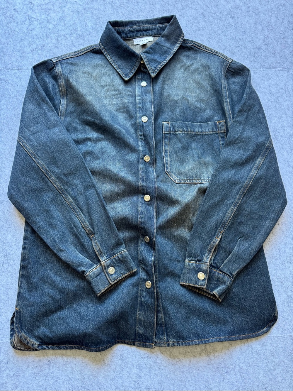 Topshop ASOS Denim Button Up Shirt Women’s US 8 Blue Washed Long Sleeve Pocket